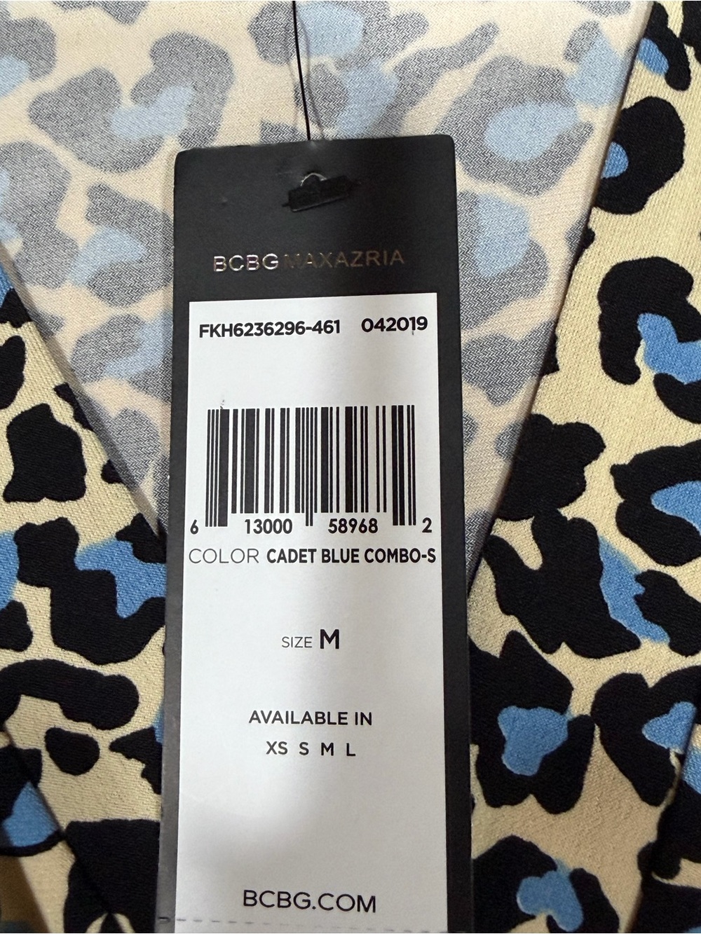 BCBGMAXAZRIA NWT Leopard Faux Wrap High Low Dress Cadet Blue Animal Print Medium - Picture 9 of 10